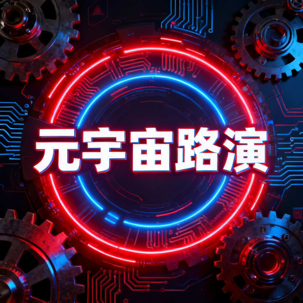 赛博朋克风格的元宇宙路演PPT封面，霓虹灯光，机械细节，高对比度