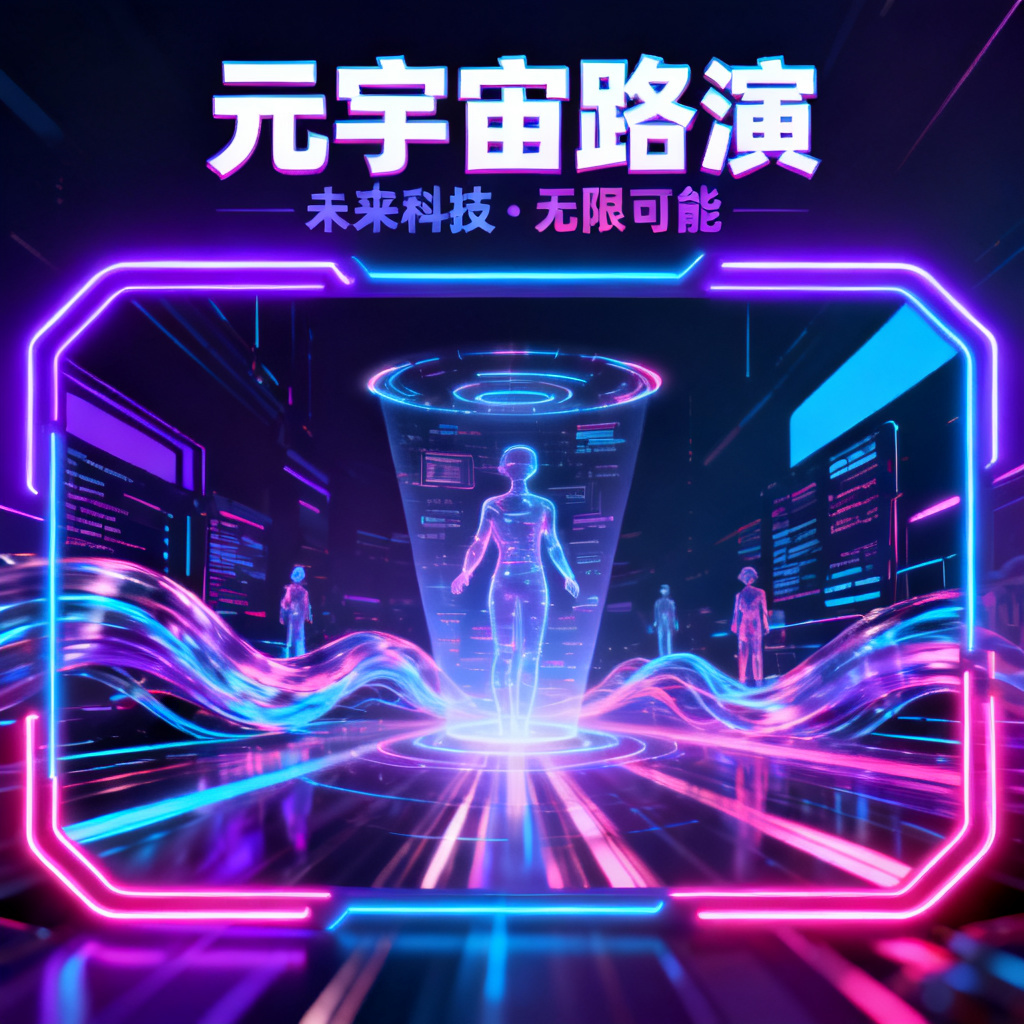 赛博朋克风格的元宇宙路演PPT页面，包含未来感元素与霓虹灯光效果