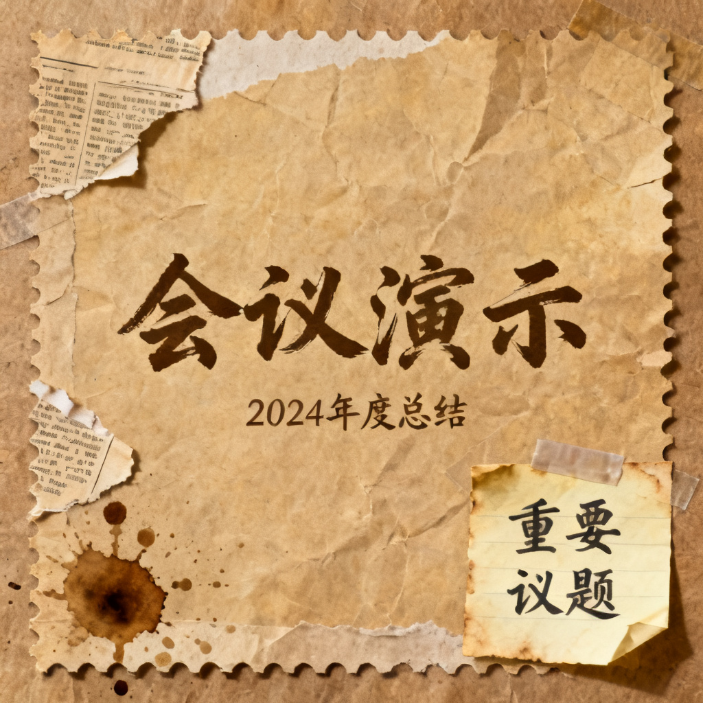 “牛皮纸质感拼贴画,复古邮票边缘,手工剪裁效果,会议演示封面”