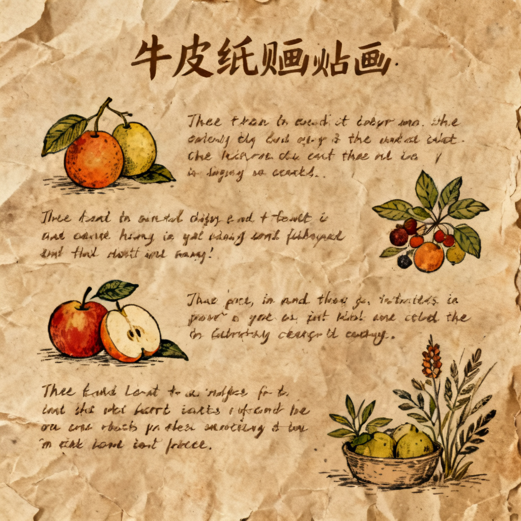 牛皮纸贴画风格的PPT页面，背景是粗糙的牛皮纸纹理，文字以手写体呈现，配图是剪贴画风格的水果和植物，整体风格温暖复古。