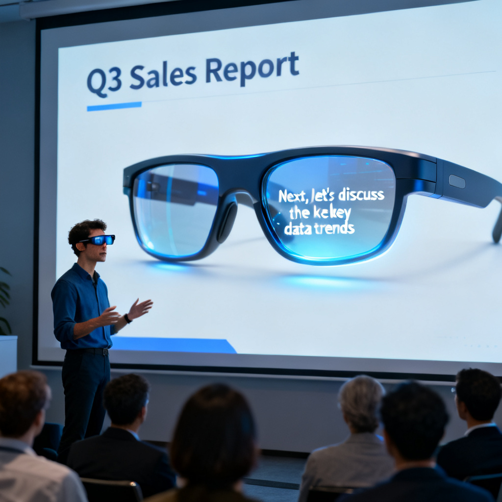 A person wearing AR smart glasses giving a presentation, with speech text reflected on the glasses lens, while the audience watches the projected slide on the screen