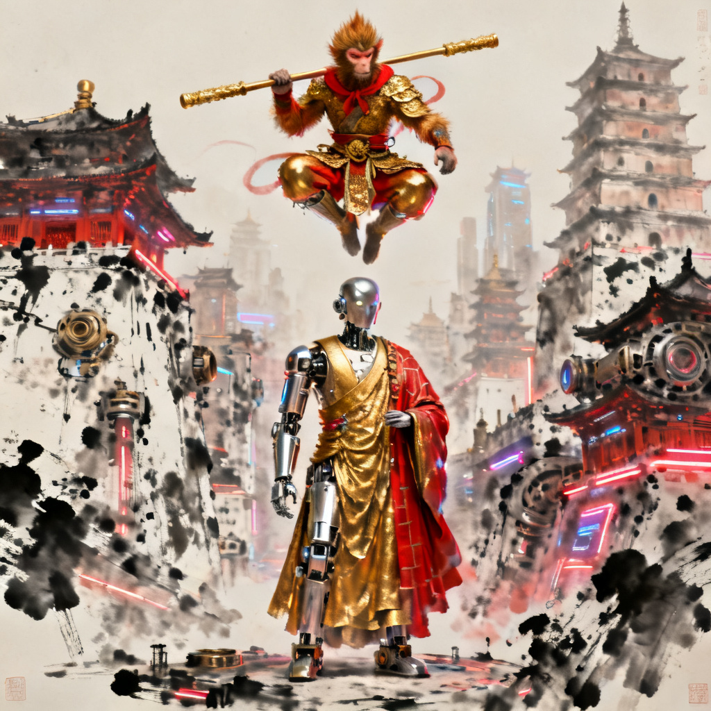 3D西游记风格，孙悟空与机械唐僧，水墨与赛博朋克融合，金色与红色主色调，细节丰富，纹理细腻，写实渲染