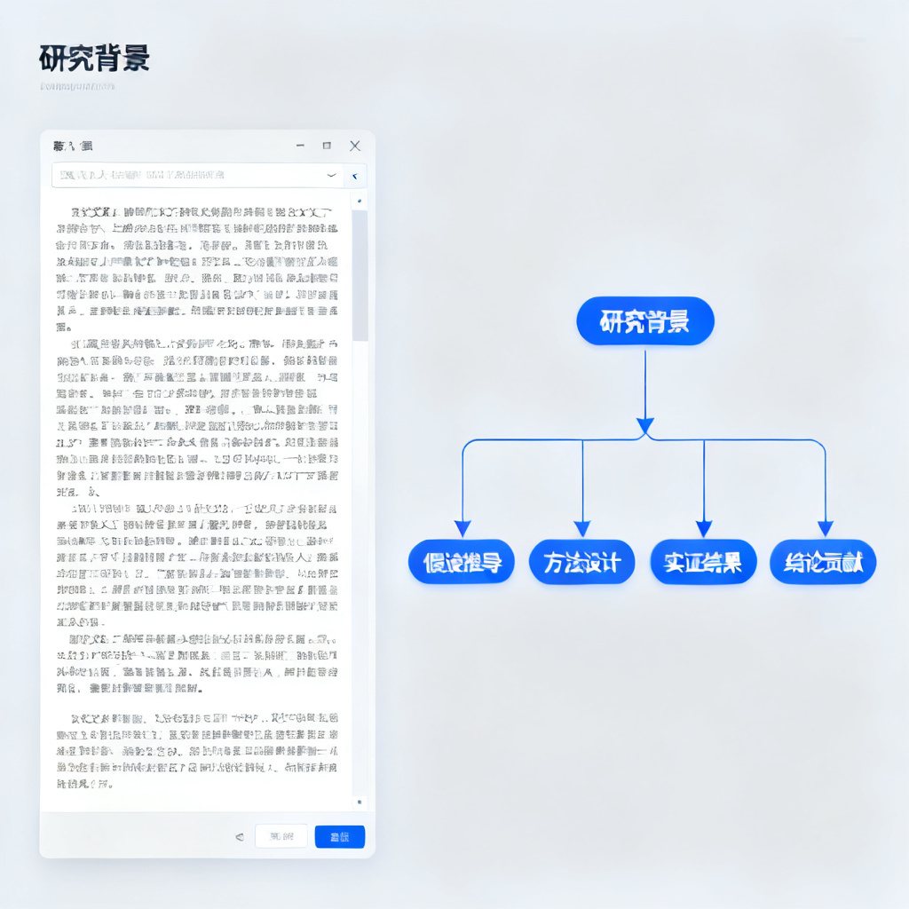 一款AI工具软件的截图风格示意:左侧输入框粘贴着论文长文本,右侧生成一棵清晰的逻辑树结构图,从“研究背景”分支到“假设推导”“方法设计”“实证结果”“结论贡献”,节点之间用箭头连接,画面简洁专业,蓝灰色调。