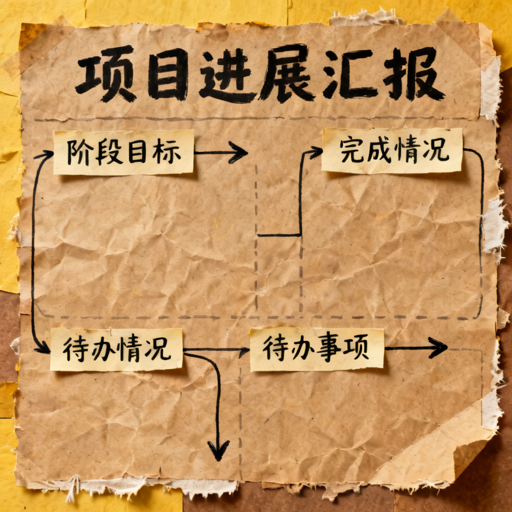 牛皮纸贴画风项目汇报，复古纸张纹理，手绘箭头和便签，暖色调，充满手工感
