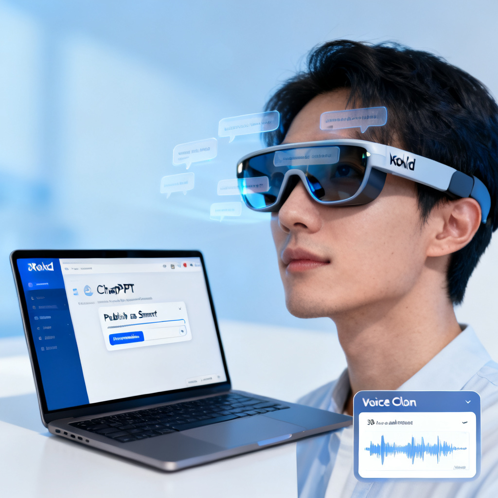 A user wearing Rokid AR glasses viewing an AI roadshow presentation. The glasses display translucent speech notes overlaid on the user's field of view. On the side, a laptop screen shows the ChatPPT interface with the "Publish as Smart Presentation" option highlighted. A small inset shows the voice cloning setup page with a 30-second audio recording waveform.