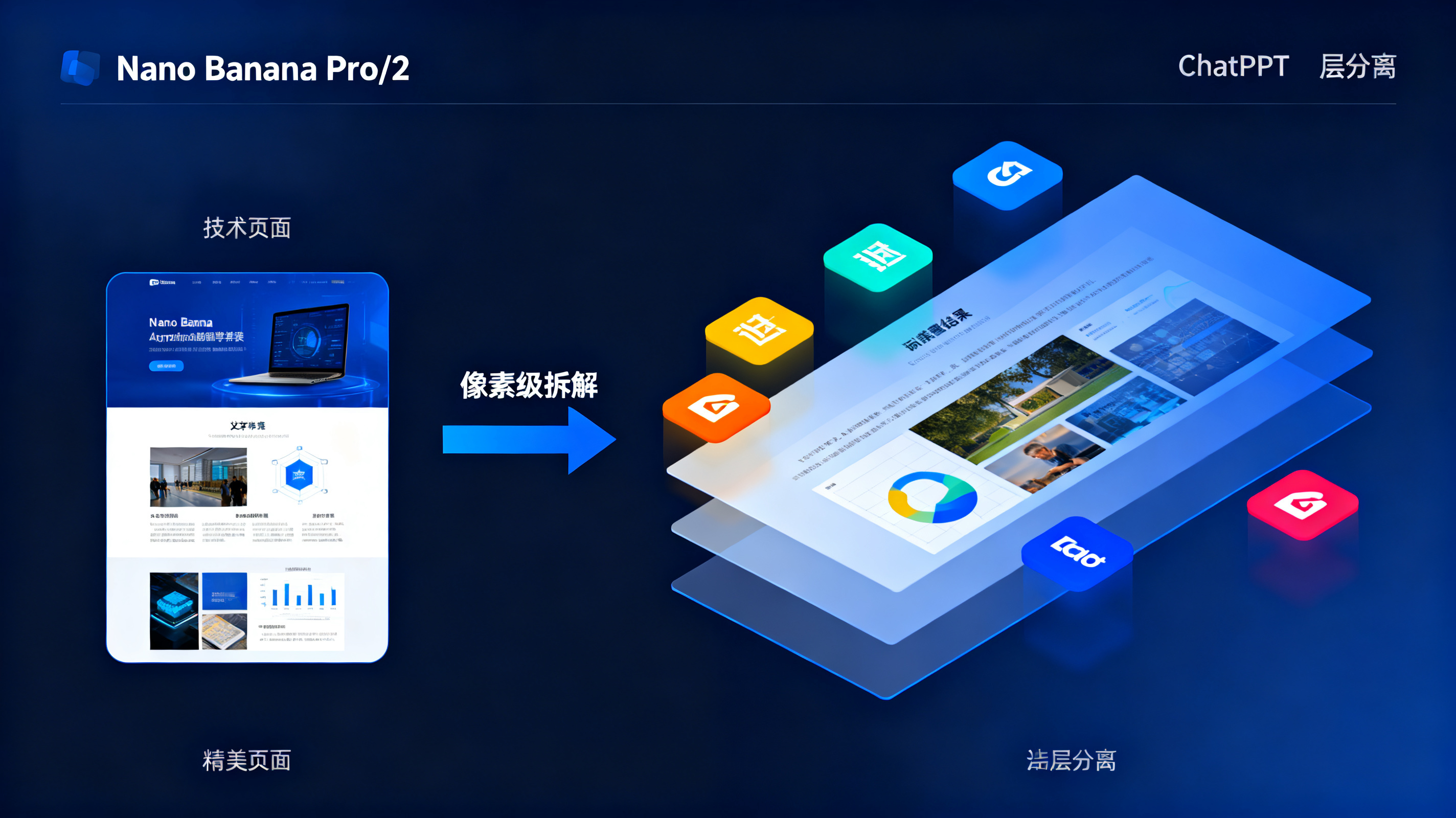 一张技术拆解示意图，左侧为 Nano Banana Pro/2 生成的精美页面，右侧展示 ChatPPT 图层分离结果，文字、图片、图形、Logo 分别用不同颜色高亮并独立悬浮，中间有“像素级拆解”箭头，科技蓝配色，专业严谨。
