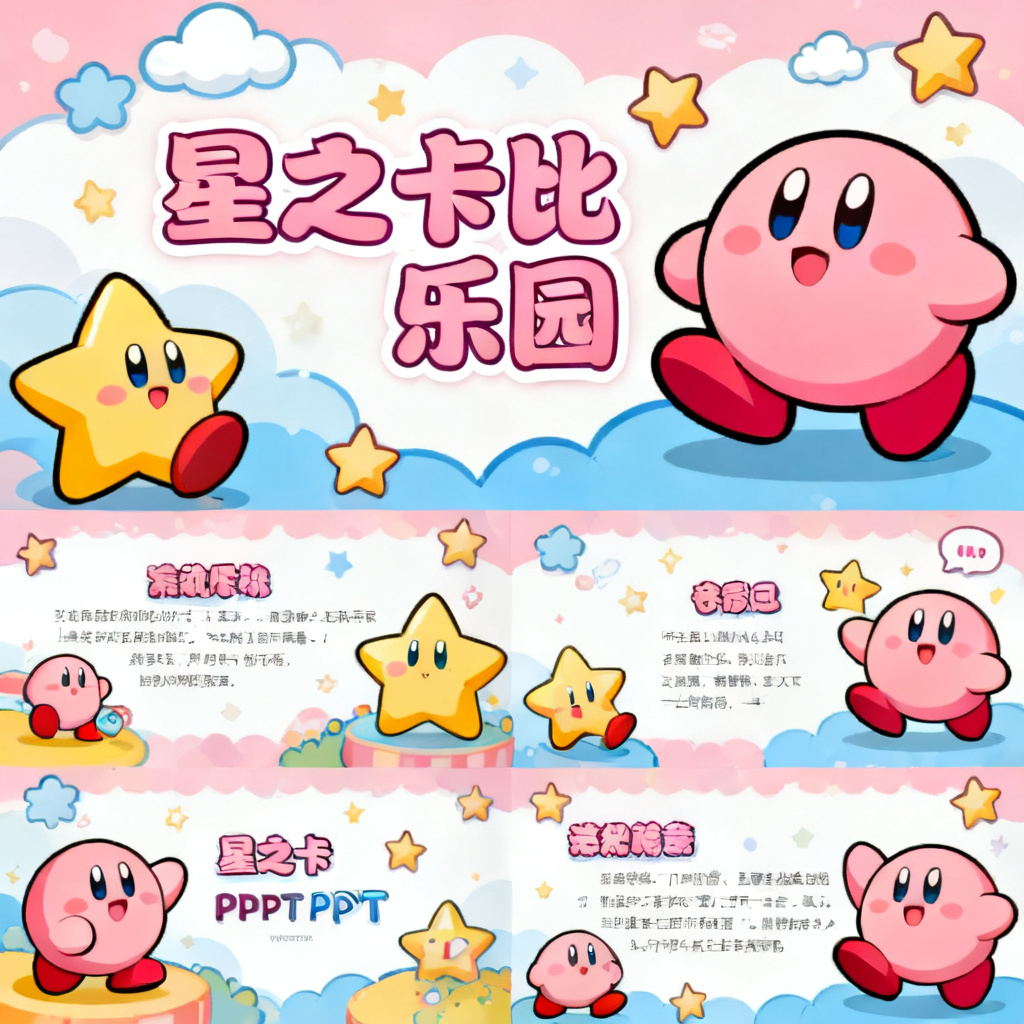 星之卡比风格的可爱卡通PPT，色彩明亮，角色生动，页面充满童趣与创意