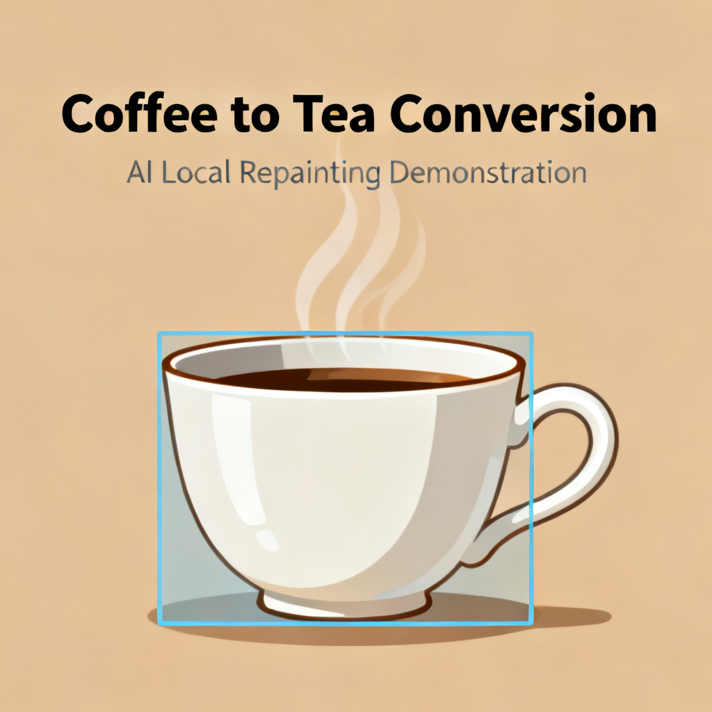 A detailed close-up of a PPT slide with a highlighted area showing a coffee cup being replaced by a tea cup through AI local repainting, maintaining consistent lighting and style