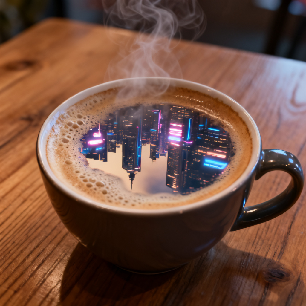 A close-up of a steaming cup of latte on a wooden table, with a cyberpunk city reflection in the coffee, detailed texture, warm lighting, photorealistic.
