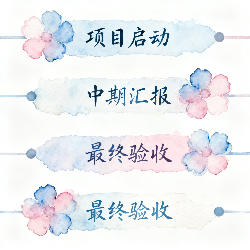 水彩风格的项目时间线,柔和的渐变,花朵装饰,淡蓝与淡粉色调