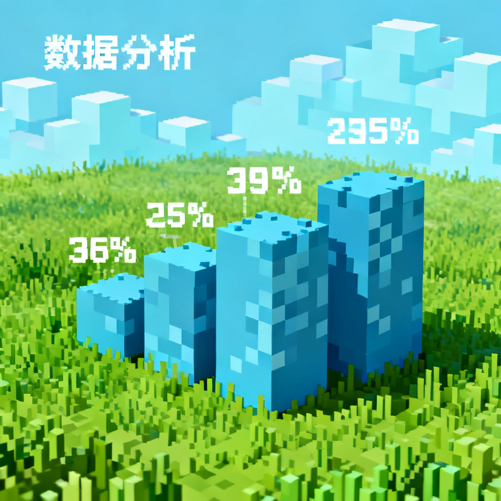 我的世界像素风的数据分析页，数据图表由像素方块堆叠而成，背景是草地与方块云，文字使用像素字体，整体色调明快