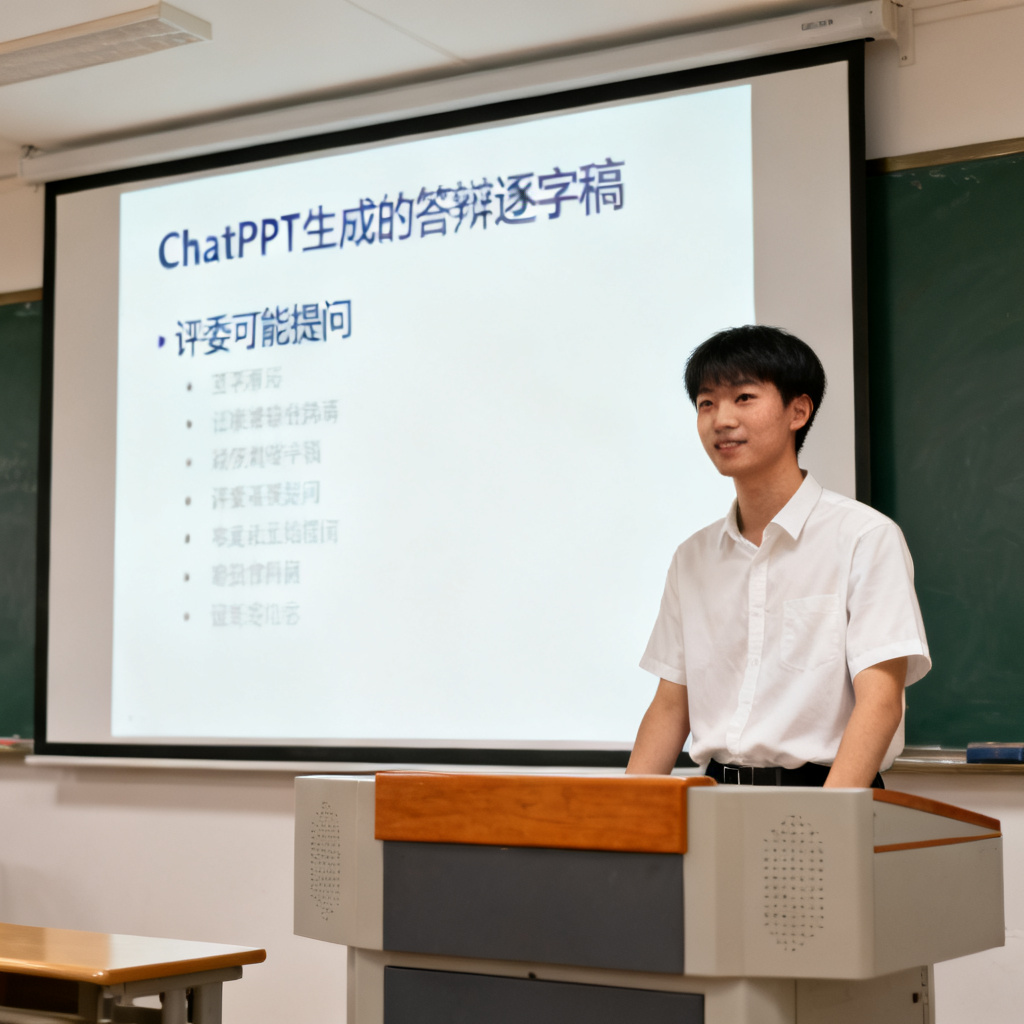 一位学生自信地站在答辩台上，面前的大屏幕上显示着ChatPPT生成的答辩逐字稿和“评委可能提问”的列表，表情从容。