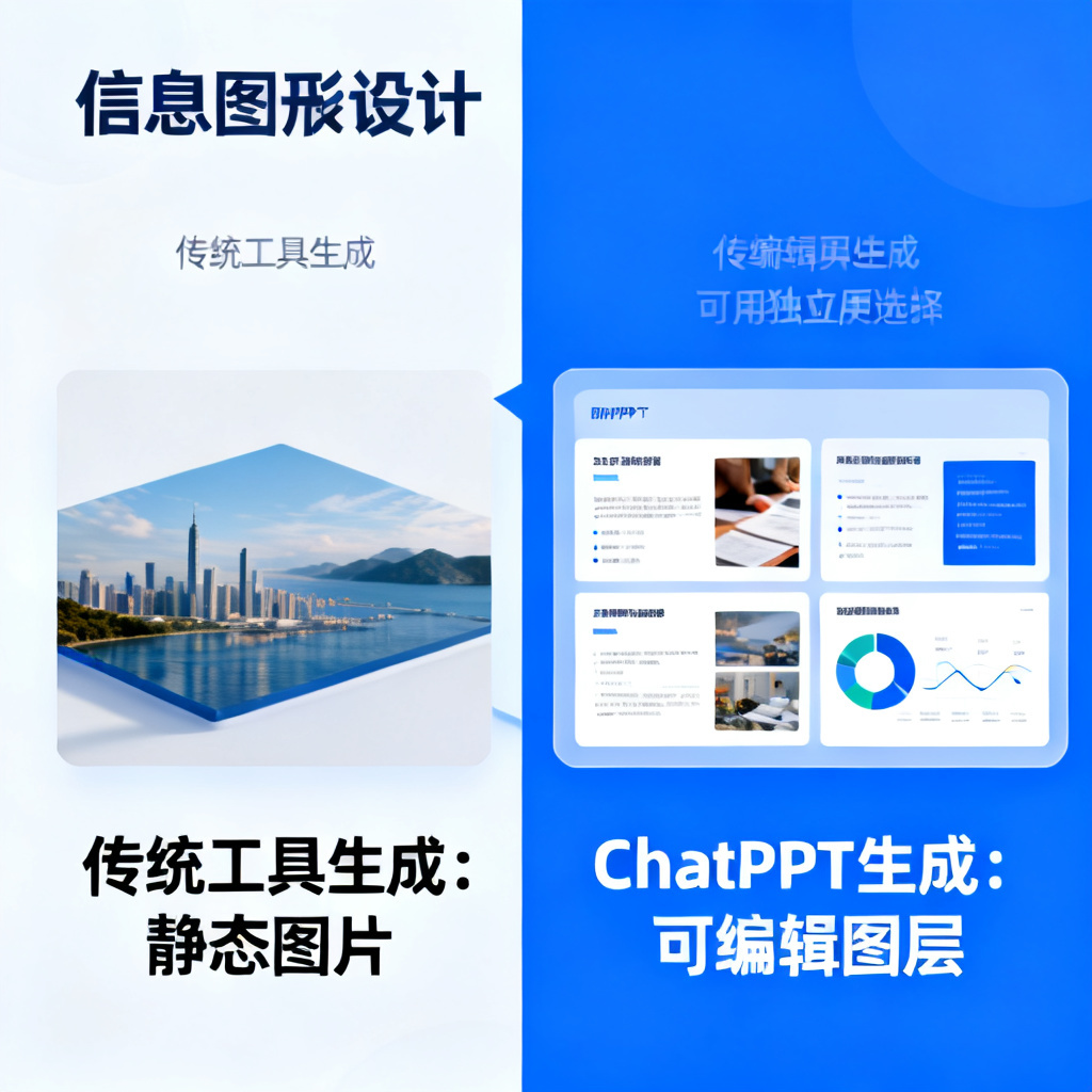 对比展示，左边是传统工具生成的静态图片，右边是ChatPPT生成的可编辑图层，显示文字、图片、图形可独立选中