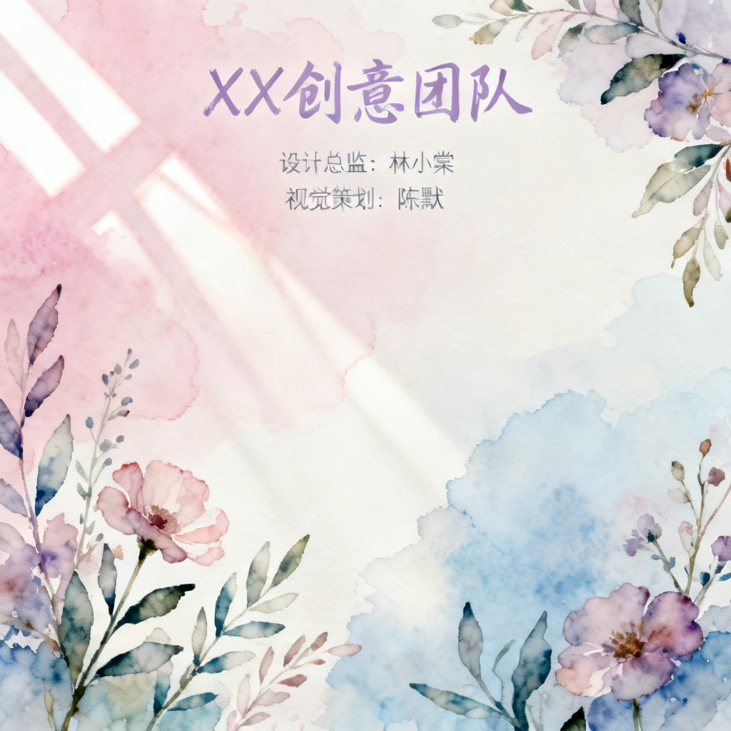梦幻水彩风格团队介绍页,晕染效果,自然光感,植物花卉装饰,柔和过渡,艺术感