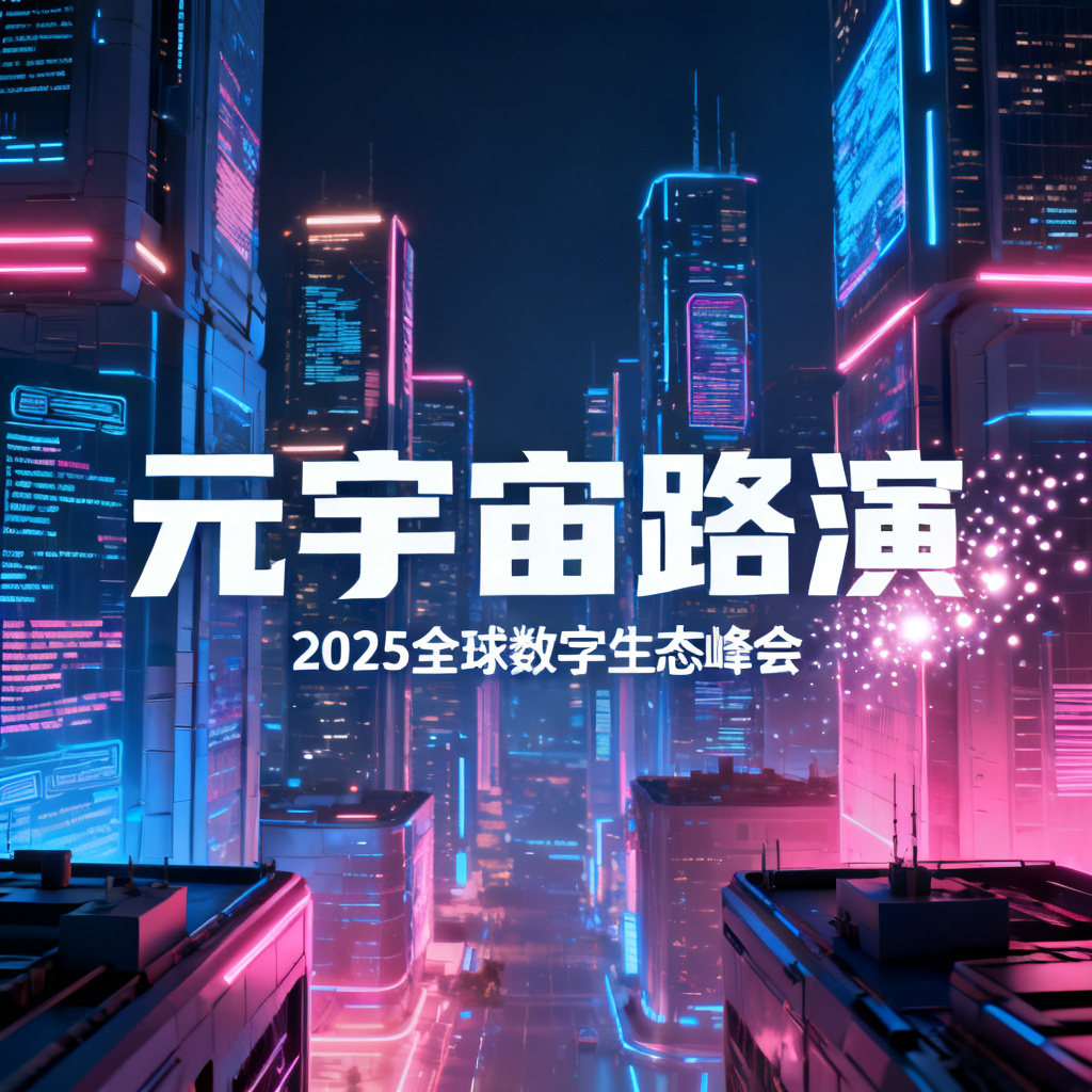 赛博朋克风格的元宇宙路演PPT封面,霓虹灯光,未来城市,3D渲染风格,高对比度,富有科技感