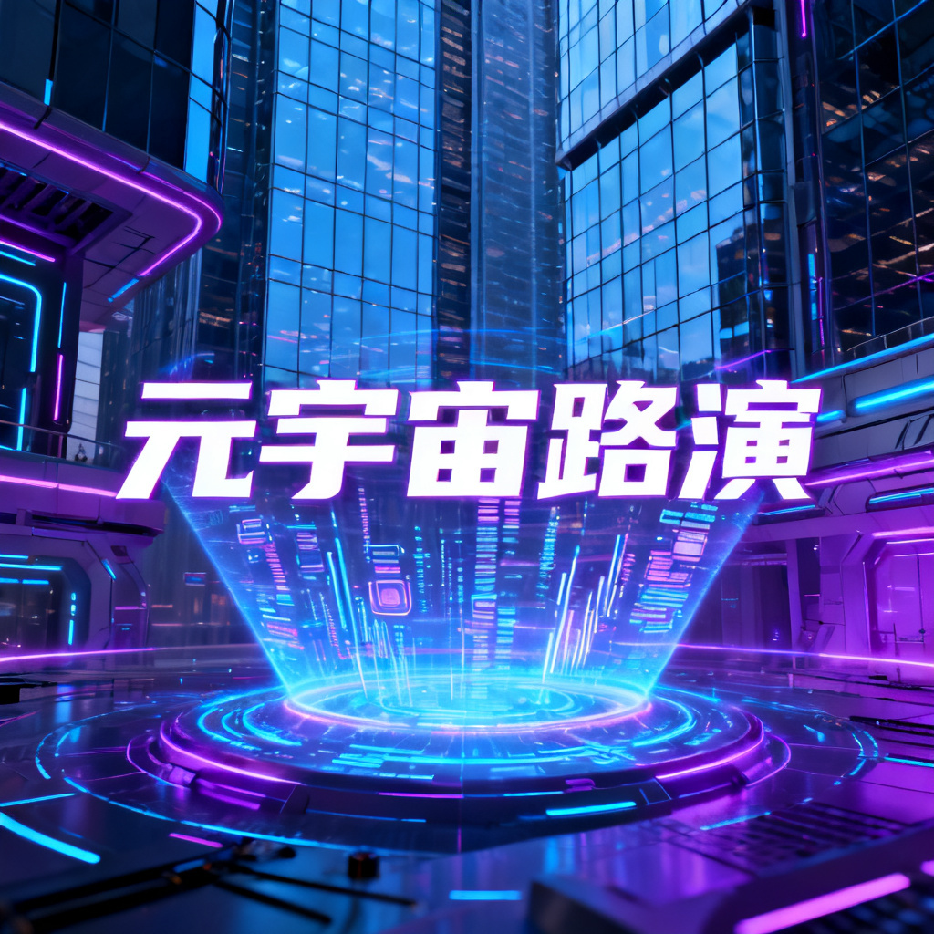 赛博朋克风格的元宇宙路演PPT,主色调为霓虹蓝紫,包含全息投影元素和未来建筑背景