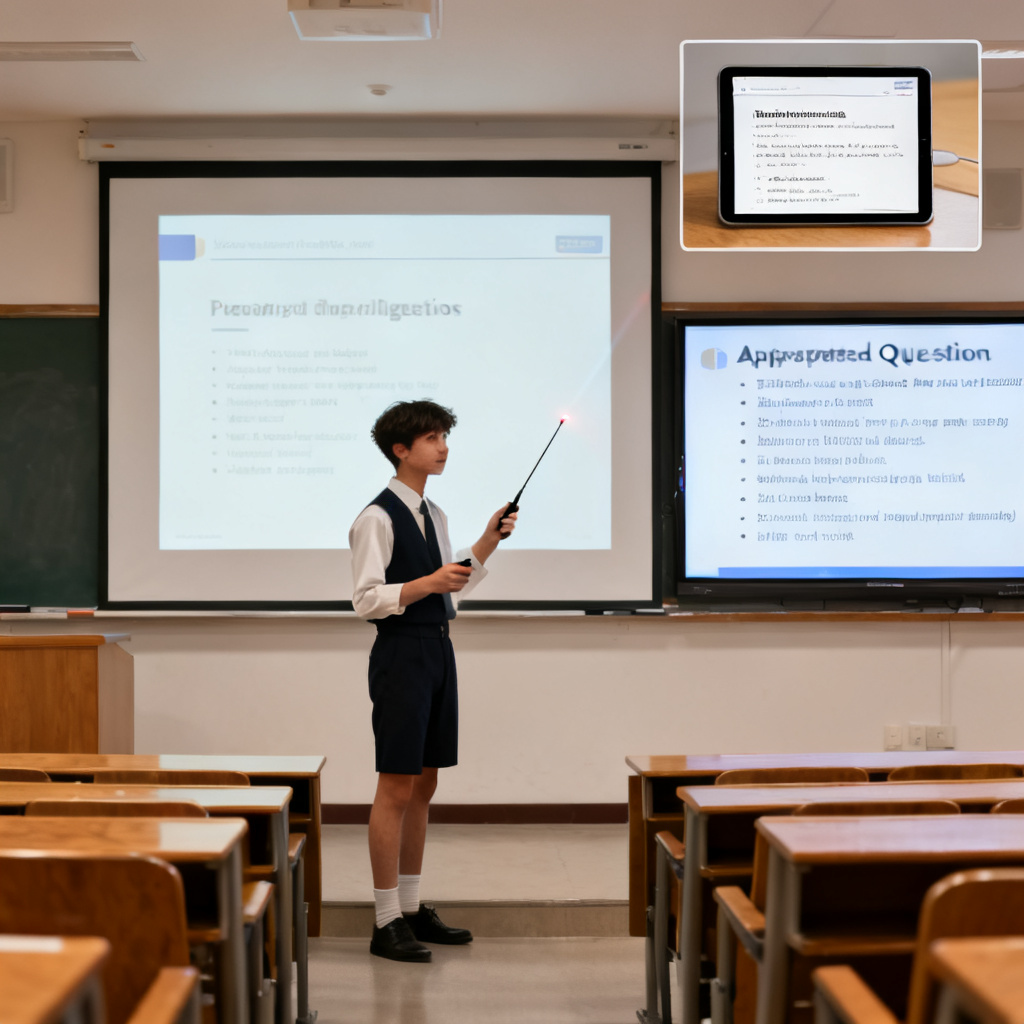 A student confidently presenting a PPT in a lecture hall, with a small window in the corner showing a prepared script on a tablet, and a list of anticipated questions with answers displayed on a second screen