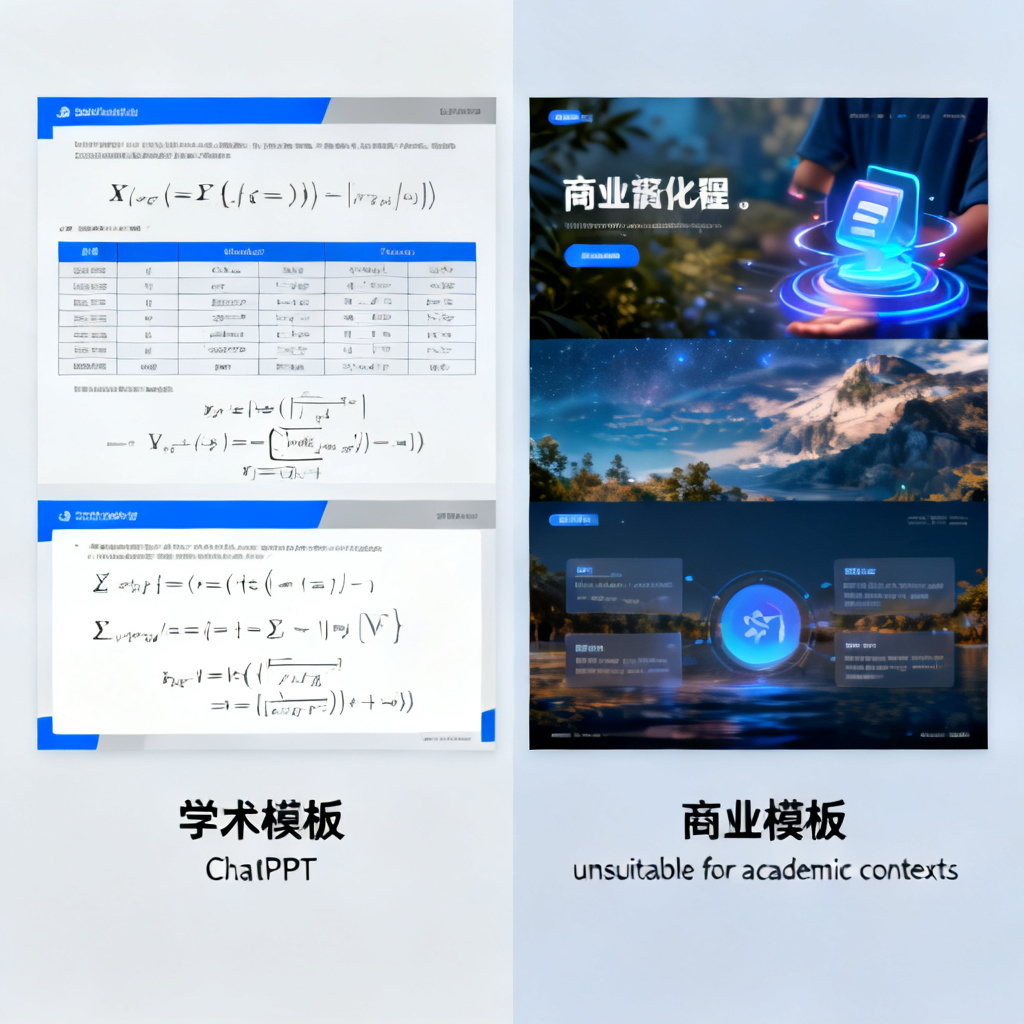 A side-by-side comparison of two presentation slides. The left slide shows an academic template from ChatPPT with a blue-gray color scheme, clear data tables, and rendered LaTeX formulas. The right slide shows a commercial template with large background images and animated elements, labeled as "unsuitable for academic contexts."