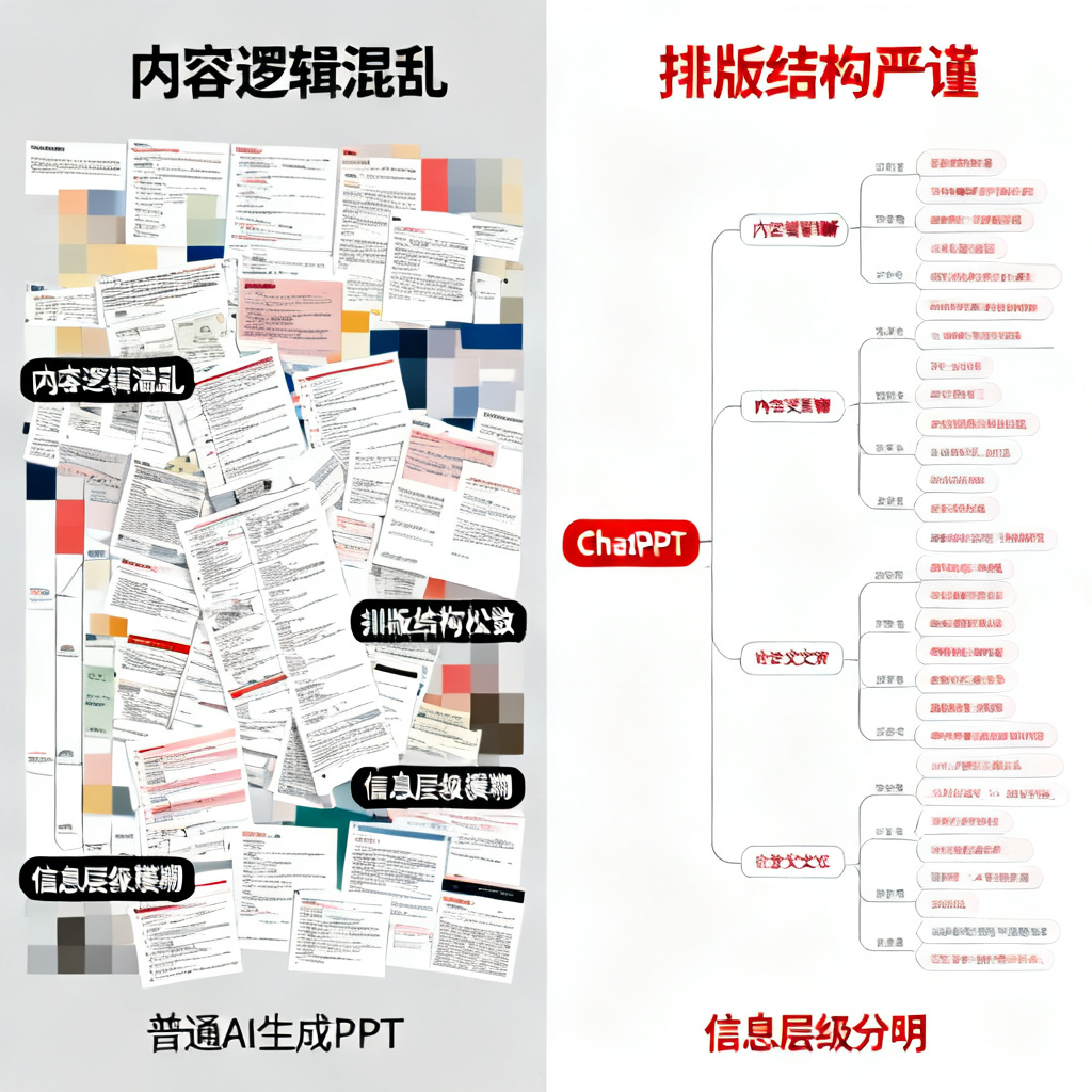 一张学术PPT的对比图，左侧为逻辑混乱、排版杂乱的普通AI生成PPT，右侧为ChatPPT生成的逻辑清晰、排版严谨的论文PPT，标注关键差异点