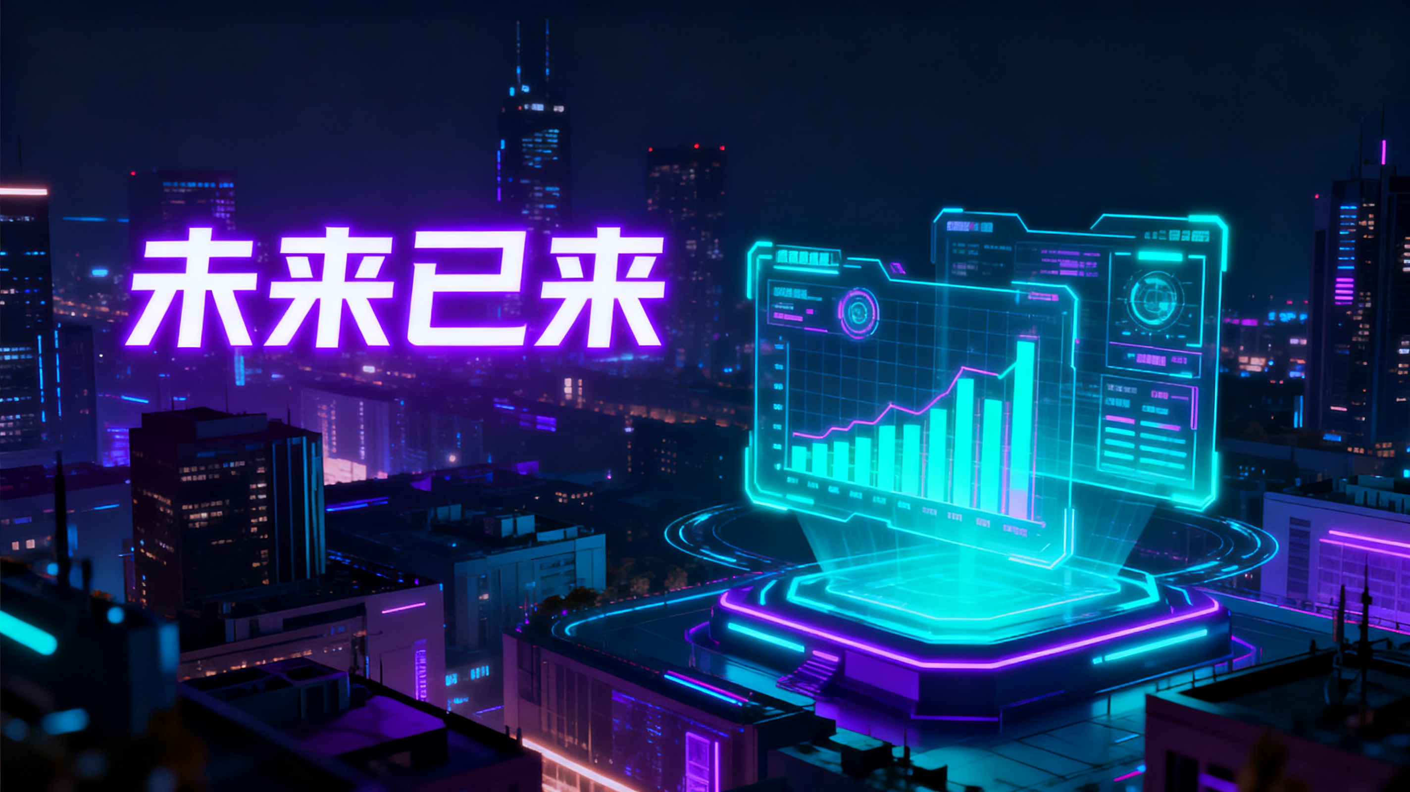 赛博朋克风格元宇宙路演 PPT 页面，霓虹紫与青蓝双色调，3D 全息数据图表悬浮于城市夜景之上，标题“未来已来”使用发光字体，画面充满科幻冲击力