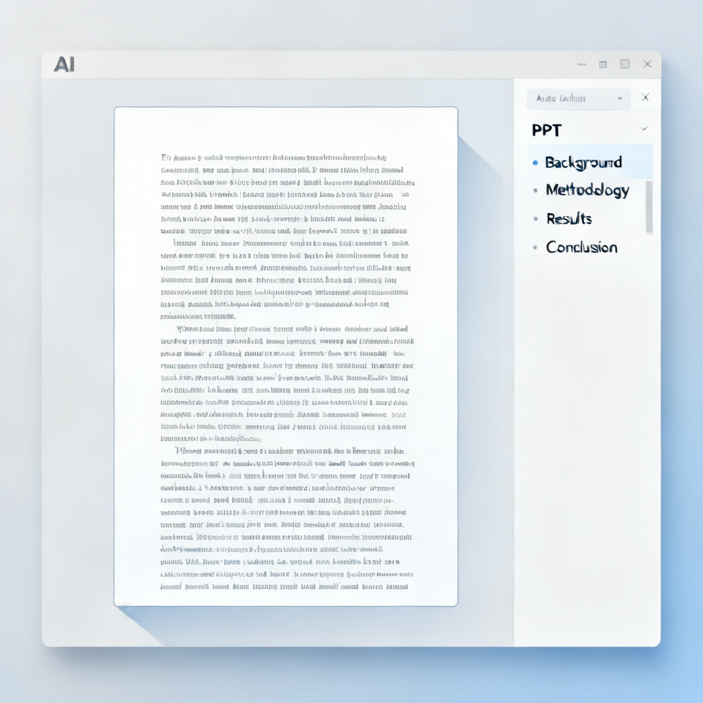 A clean, professional AI interface showing a long academic paper being pasted into a text box, with a sidebar displaying an auto-generated PPT outline with clear sections like "Background," "Methodology," "Results," and "Conclusion."