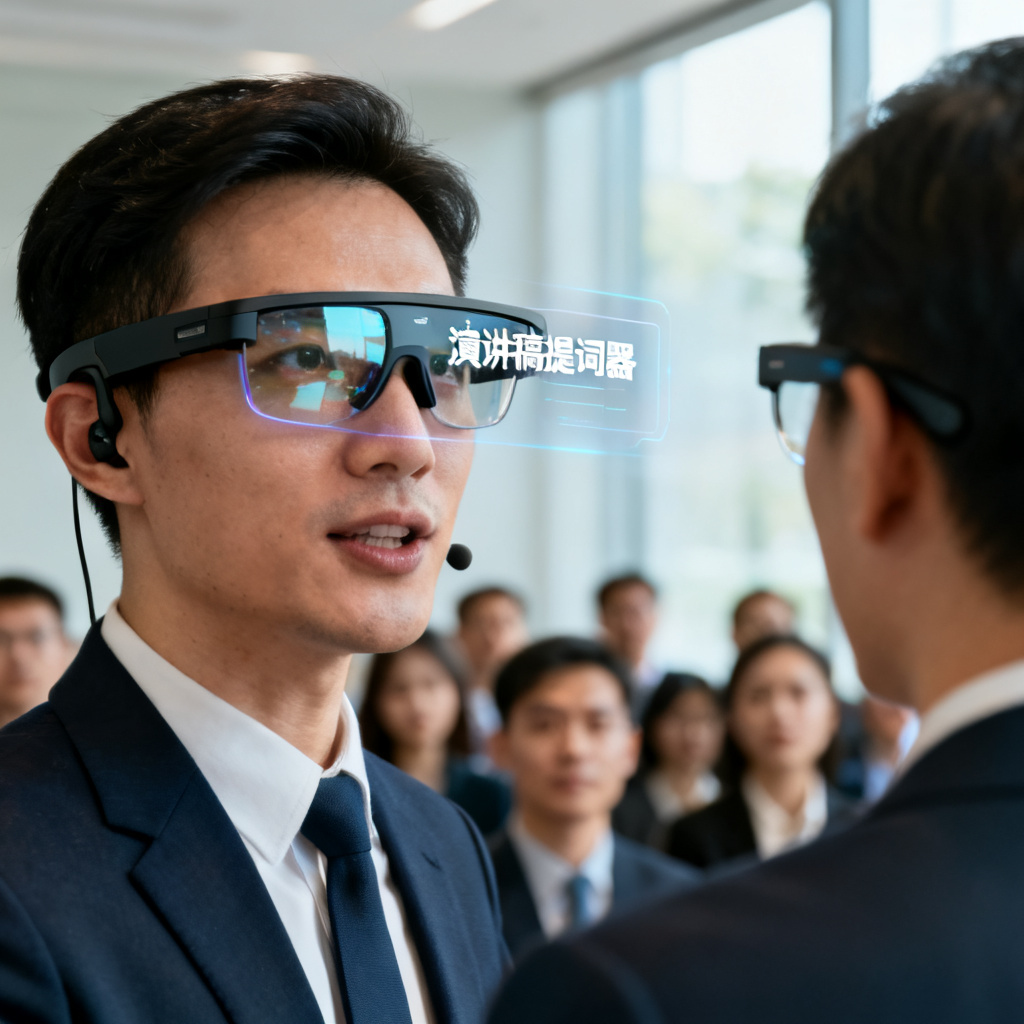 一个职场人佩戴AI智能眼镜，眼镜镜片内显示演讲稿提词器，他正在面对观众进行路演
