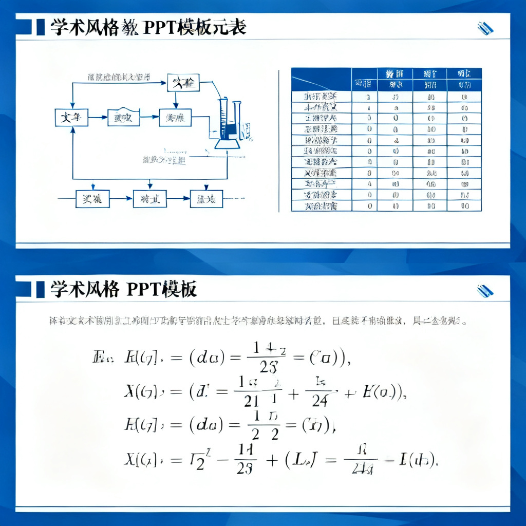 一份学术风格的PPT模板,左侧为实验流程图,右侧为数据对比表,下方有数学公式,整体排版清晰严谨,色调以蓝白为主。