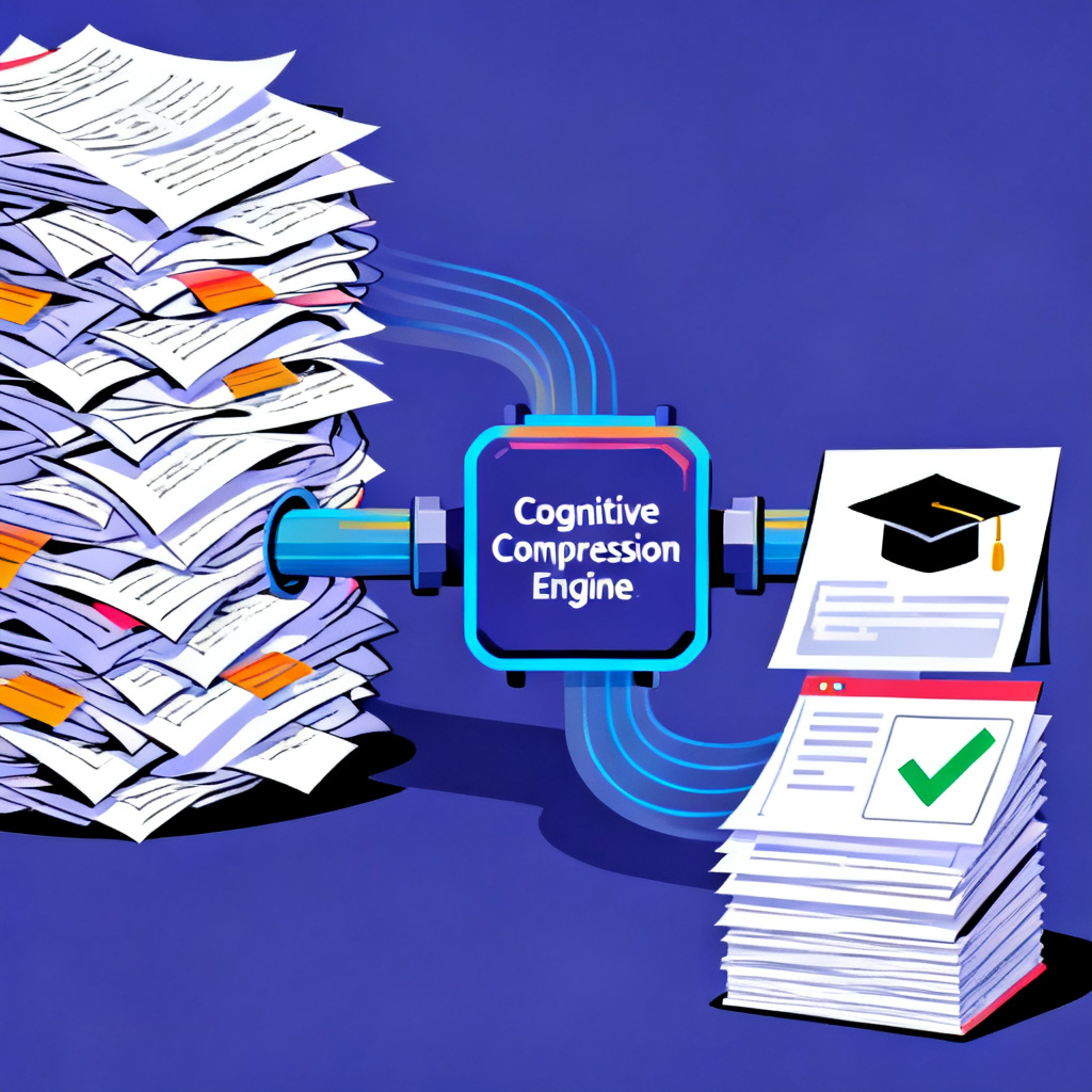 A stylized illustration showing a funnel-shaped process: a large pile of messy documents on the left, passing through a central processing hub labeled "Cognitive Compression Engine," and emerging on the right as a clean, organized stack of presentation slides with a checkmark and a graduation cap.