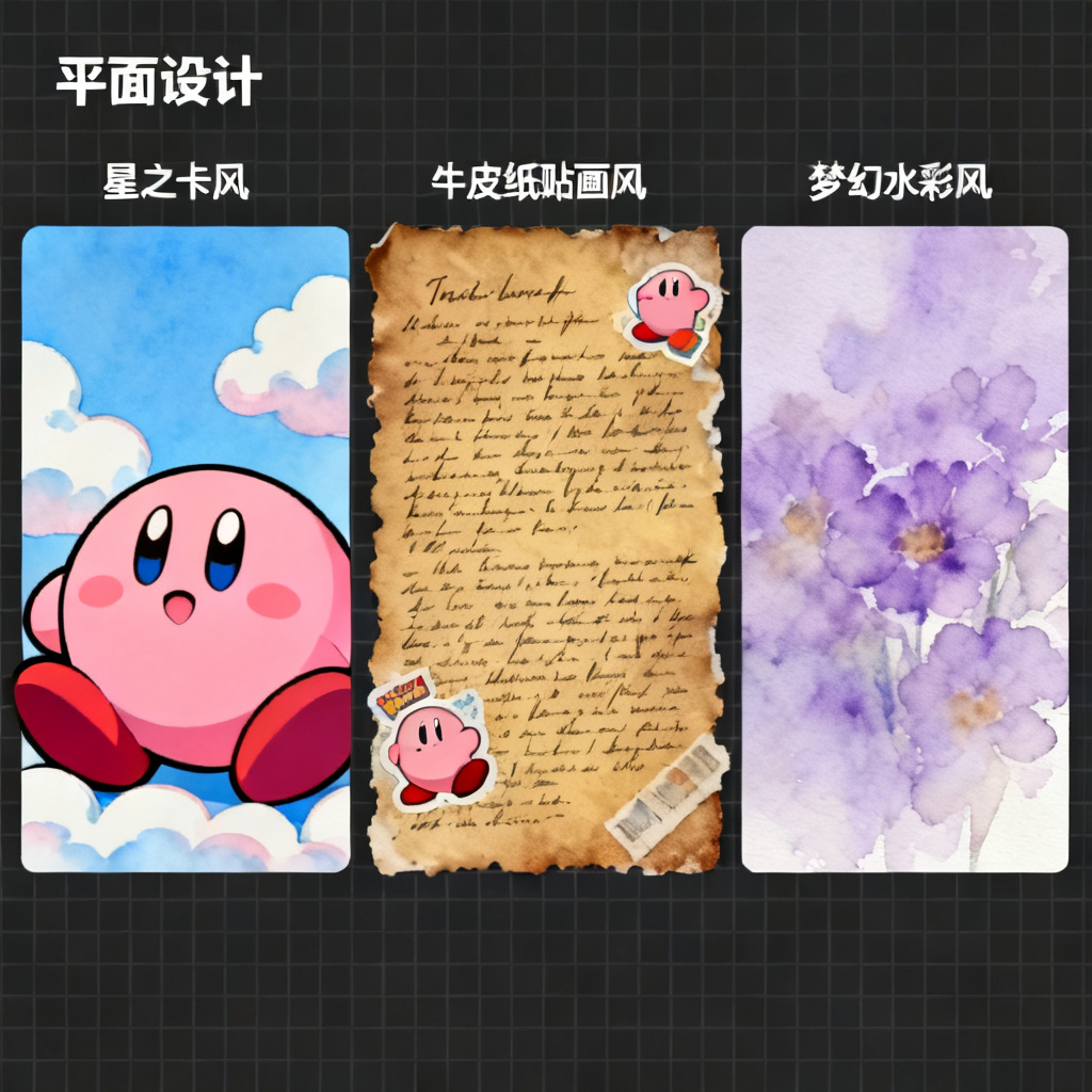 多风格PPT缩略图网格展示，包含星之卡比风、牛皮纸贴画风、梦幻水彩风