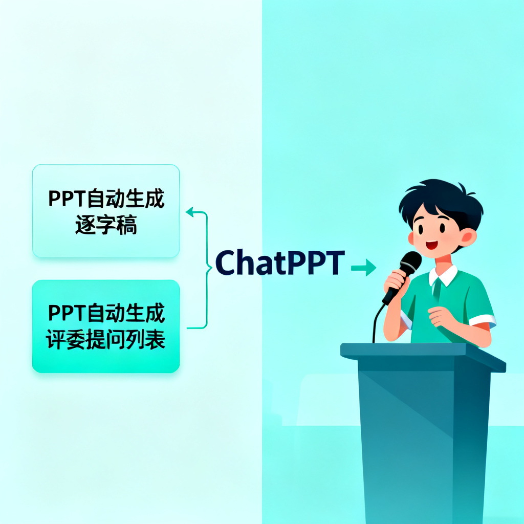 一张信息图，展示ChatPPT的“答辩神助攻”功能：从PPT自动生成逐字稿和评委提问列表，箭头指向一个自信演讲的学生。