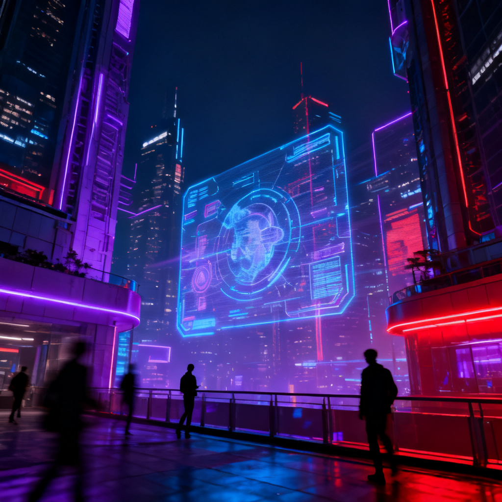 赛博朋克风格、霓虹灯光、城市夜景、全息投影元素、构图大气、4K分辨率
