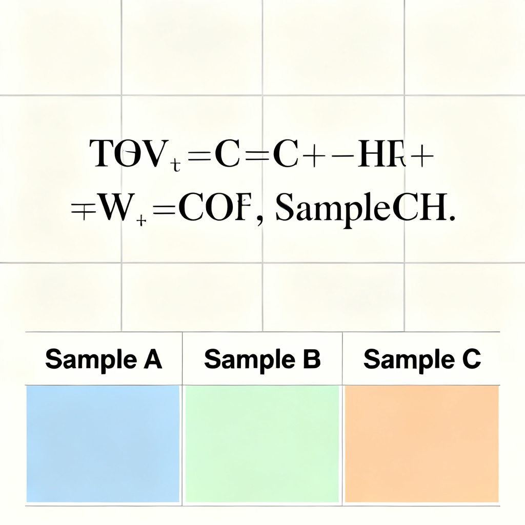 A clean academic slide layout showing a complex chemical formula rendered with LaTeX, alongside a data comparison table with color-coded cells