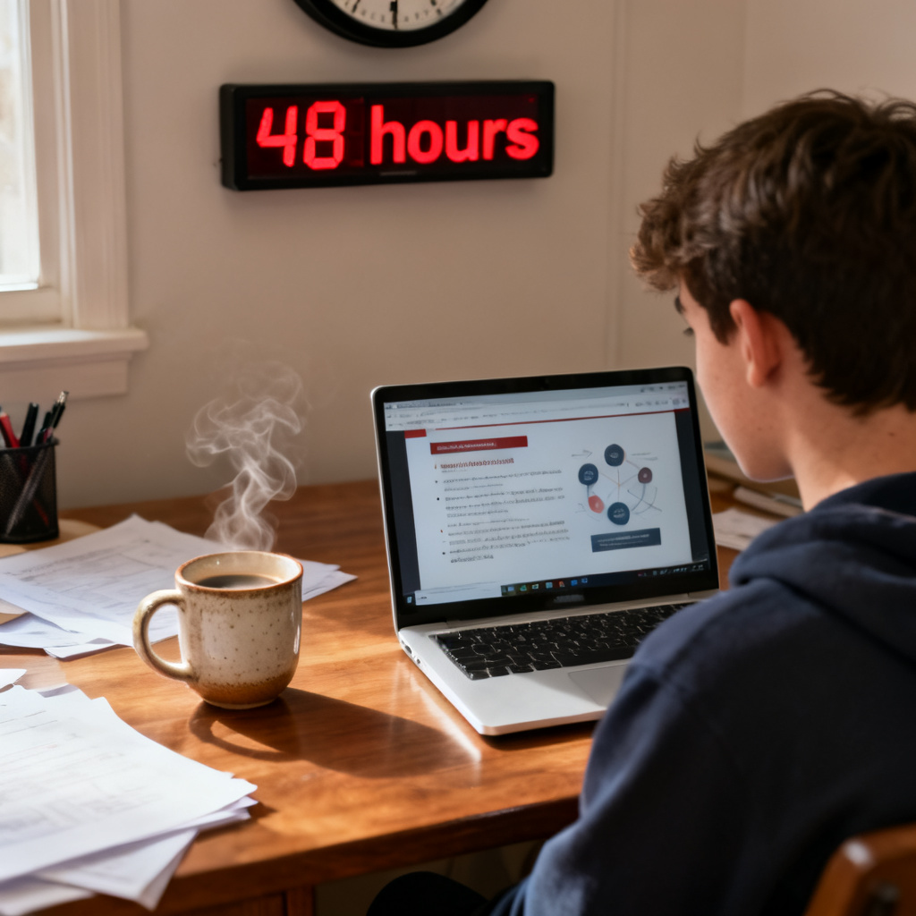 A student sitting at a desk with a cup of coffee, looking at a laptop screen showing a completed presentation, with a clock showing 48 hours countdown in the background, realistic style