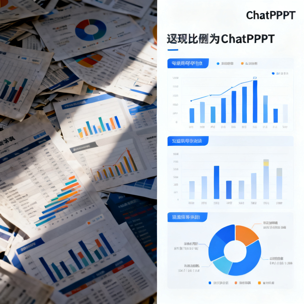 Split screen comparison, left side shows a cluttered and messy data chart, right side shows a clean and professional academic chart generated by ChatPPT, bright colors on right, dull on left