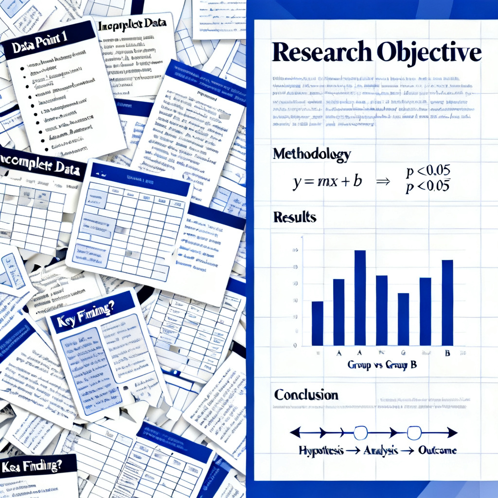 A side-by-side comparison: left shows a messy, bullet-point slide with missing data; right shows a structured academic slide with charts, formulas, and a clear narrative flow.
