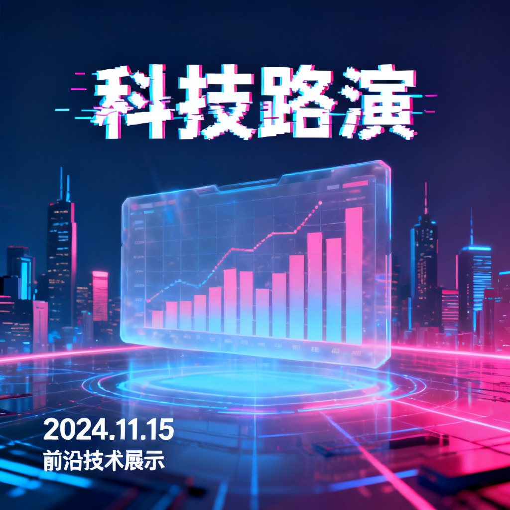 赛博朋克风格的科技路演幻灯片，主色调为霓虹蓝与品红，背景有全息投影的城市天际线，文字采用像素化故障艺术字体，画面中央悬浮着半透明的数据图表
