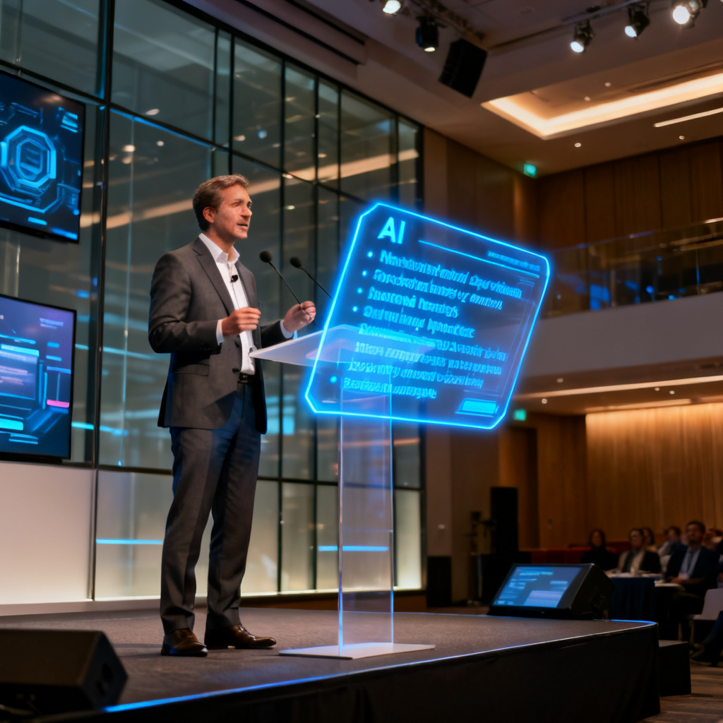 A professional speaker standing on stage, with a holographic teleprompter displaying AI-generated speech notes, modern conference hall, cinematic lighting, 8k resolution.