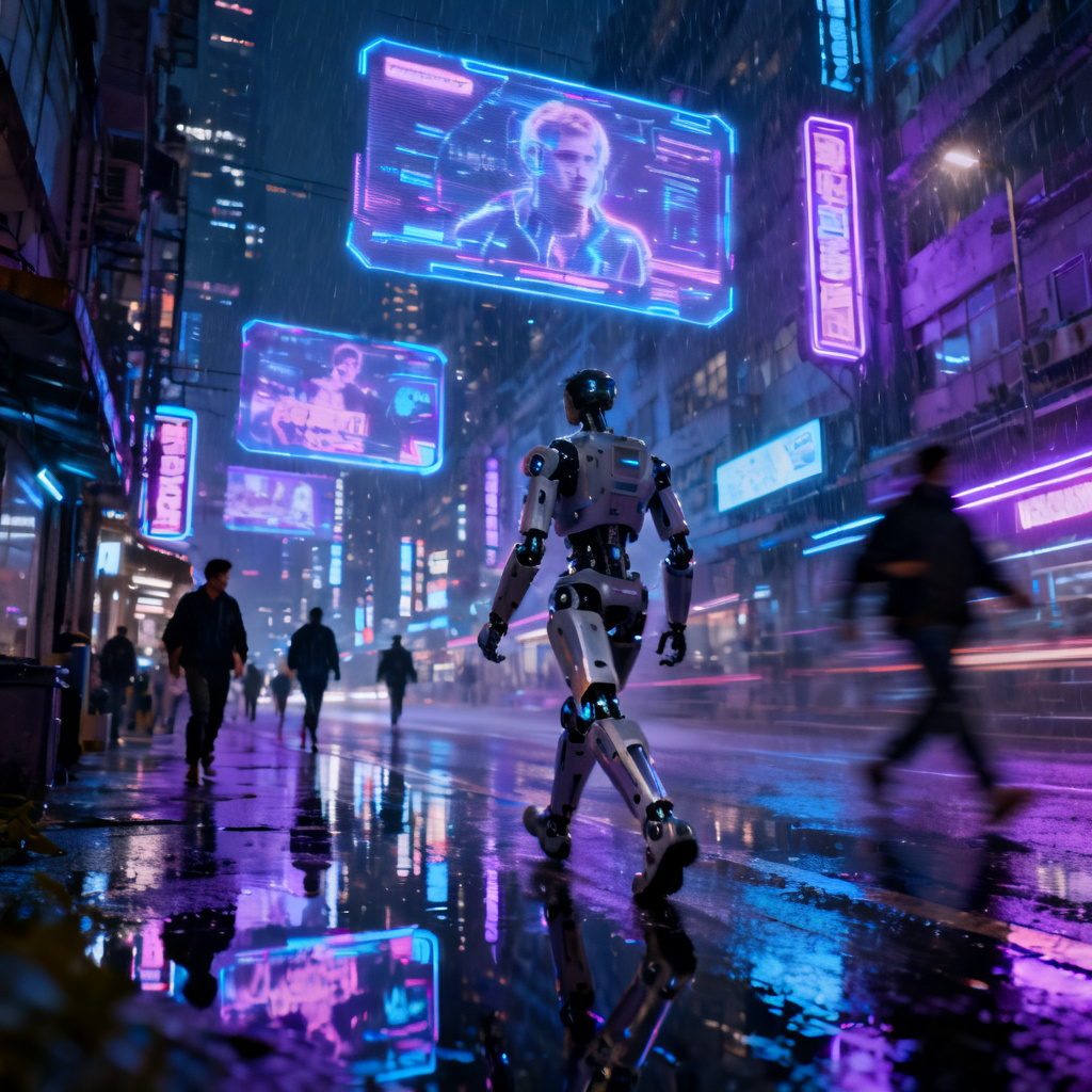 赛博朋克城市夜景,霓虹灯牌,全息投影广告,机械义肢行人,雨夜反光街道,高对比度蓝紫色调,8K超清,电影感构图