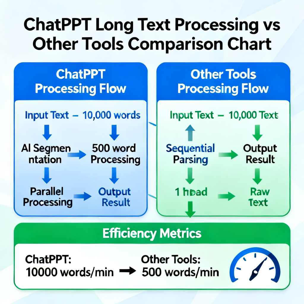 A comparison chart showing ChatPPT's long text processing vs other tools, with clear labels and data flow, infographic style