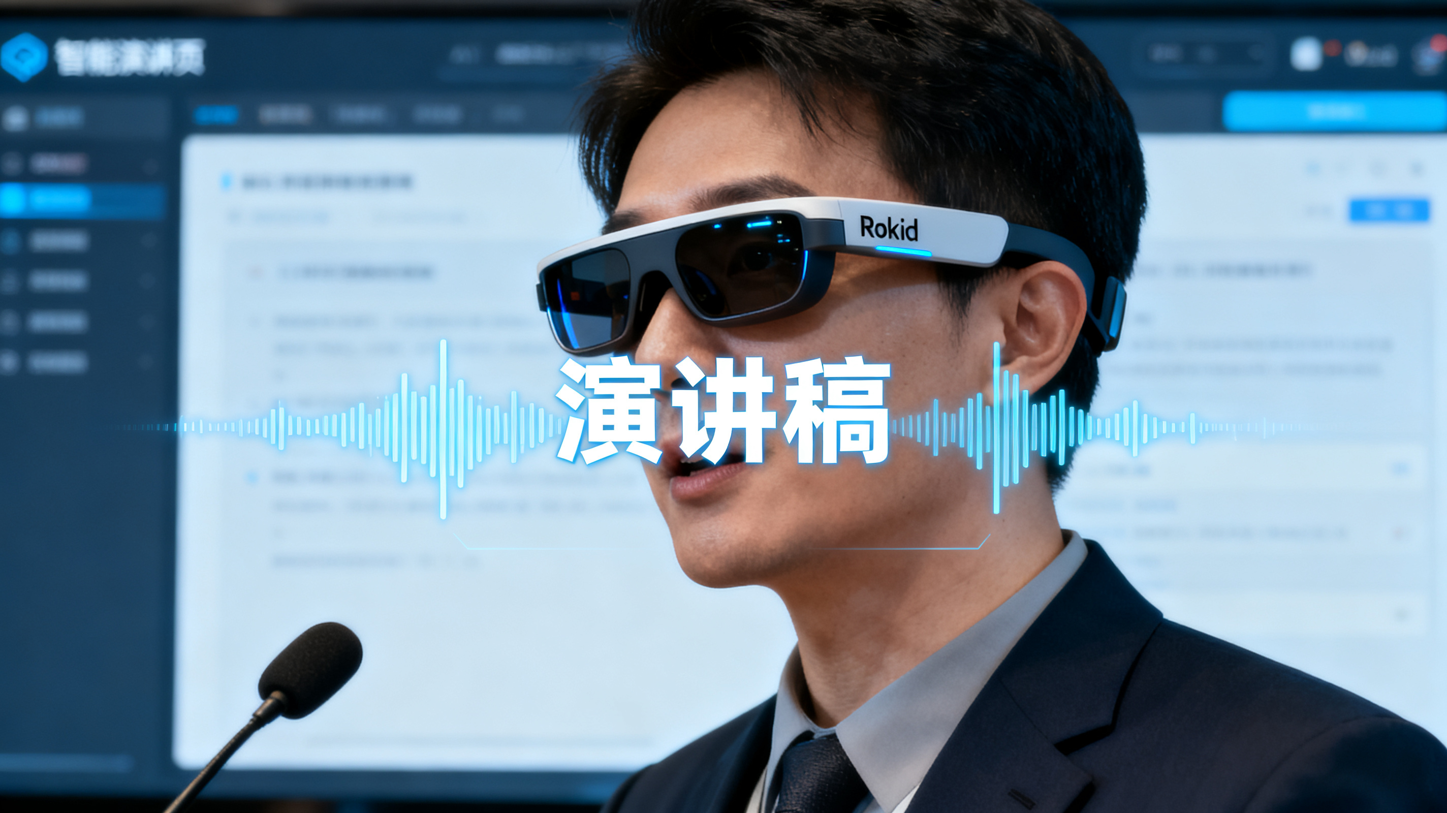 声音克隆与智能眼镜提词场景，演讲者佩戴 Rokid 风格 AI 眼镜，前方浮现演讲稿与声波，背景是智能演讲页，专业科技感