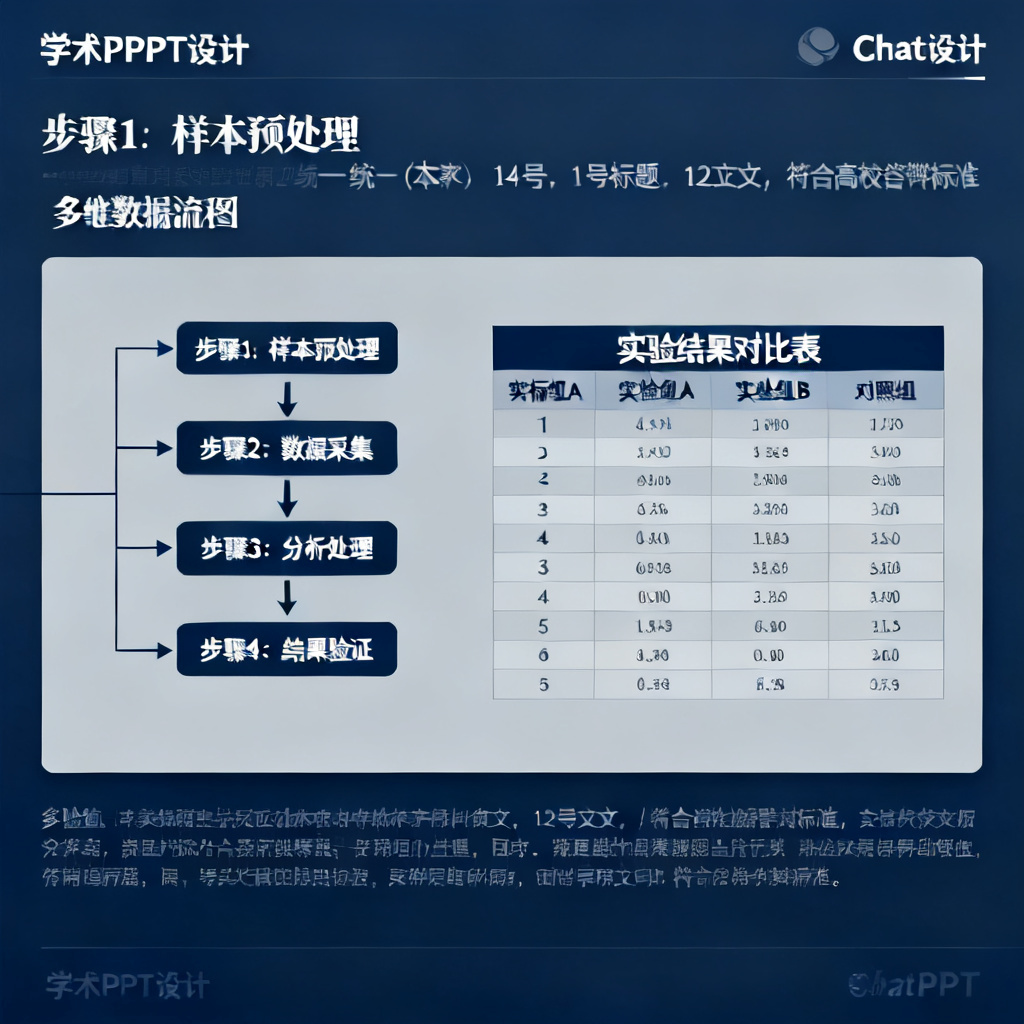 一张ChatPPT生成的学术PPT幻灯片，包含实验流程图和多维数据对比表，排版整洁，色彩沉稳，字体统一，符合高校答辩标准。