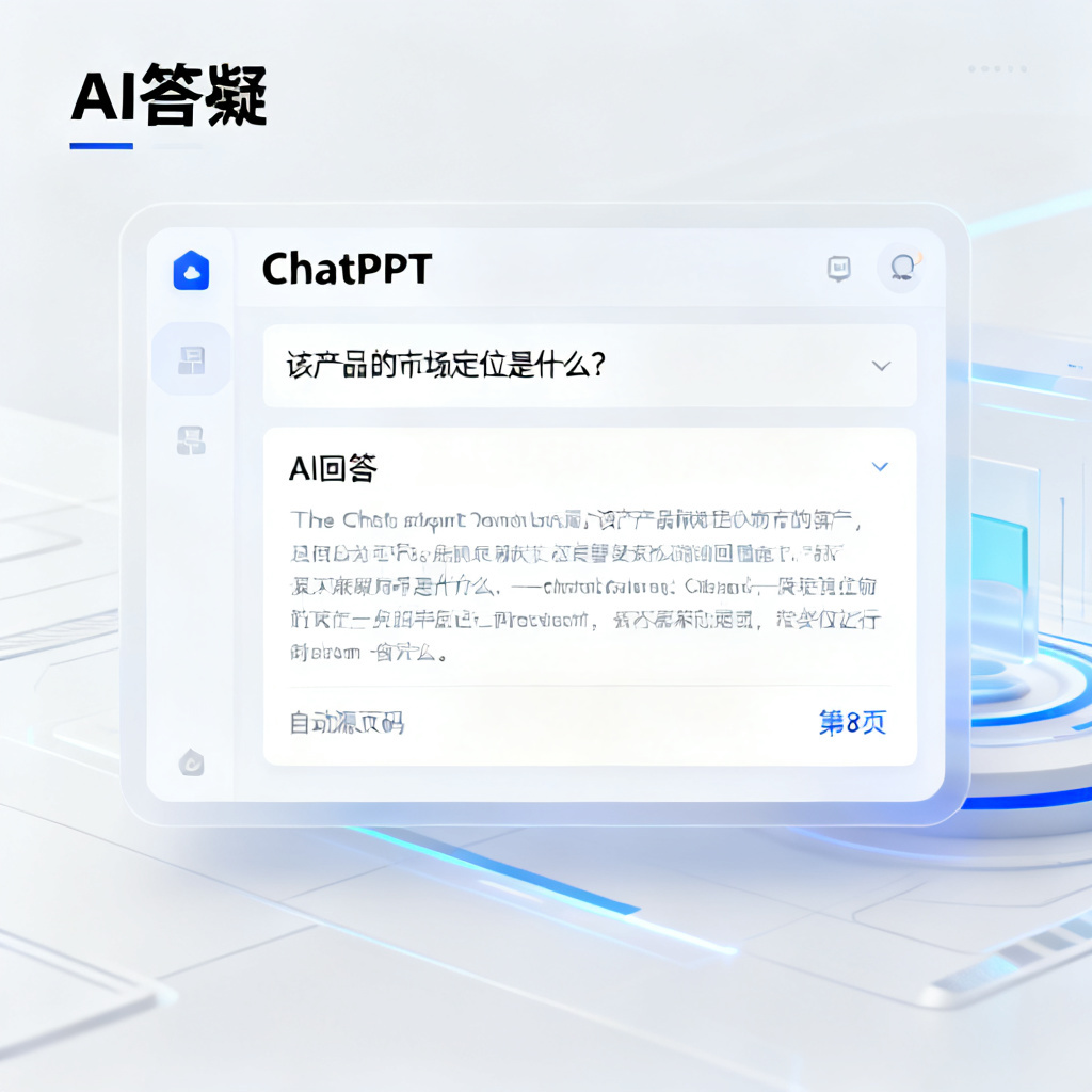 屏幕上显示ChatPPT的AI答疑界面，用户提问“该产品的市场定位是什么？”，AI回答后自动标注来源页码“第8页”，界面清晰，信息层级分明，背景是浅色科技感设计
