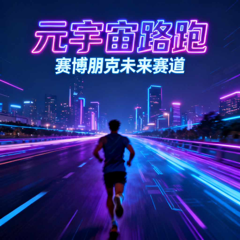 赛博朋克风格元宇宙路跑PPT，霓虹灯光，城市远景，科技感，动态模糊