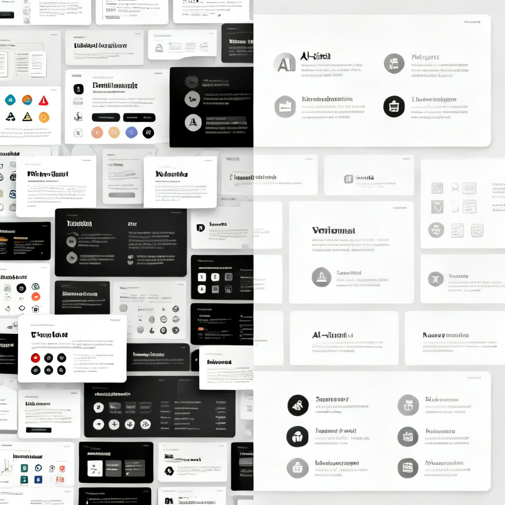 A split-screen comparison showing a cluttered, manually designed slide on the left versus a clean, AI-optimized slide with balanced layout and matching icons on the right