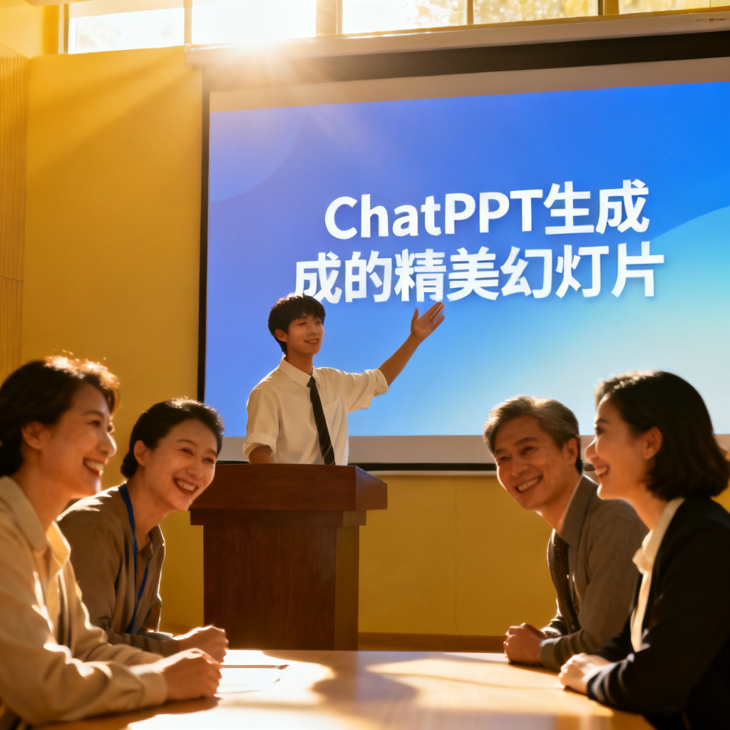 一位学生自信地在答辩台上展示PPT，屏幕上是ChatPPT生成的精美幻灯片，台下评委微笑点头，风格积极向上，强调成功与认可