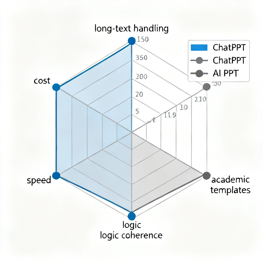 A radar chart comparing four AI PPT tools across five dimensions: long-text handling, academic templates, logic coherence, speed, and cost, with ChatPPT scoring highest in all except cost, style: clean business chart