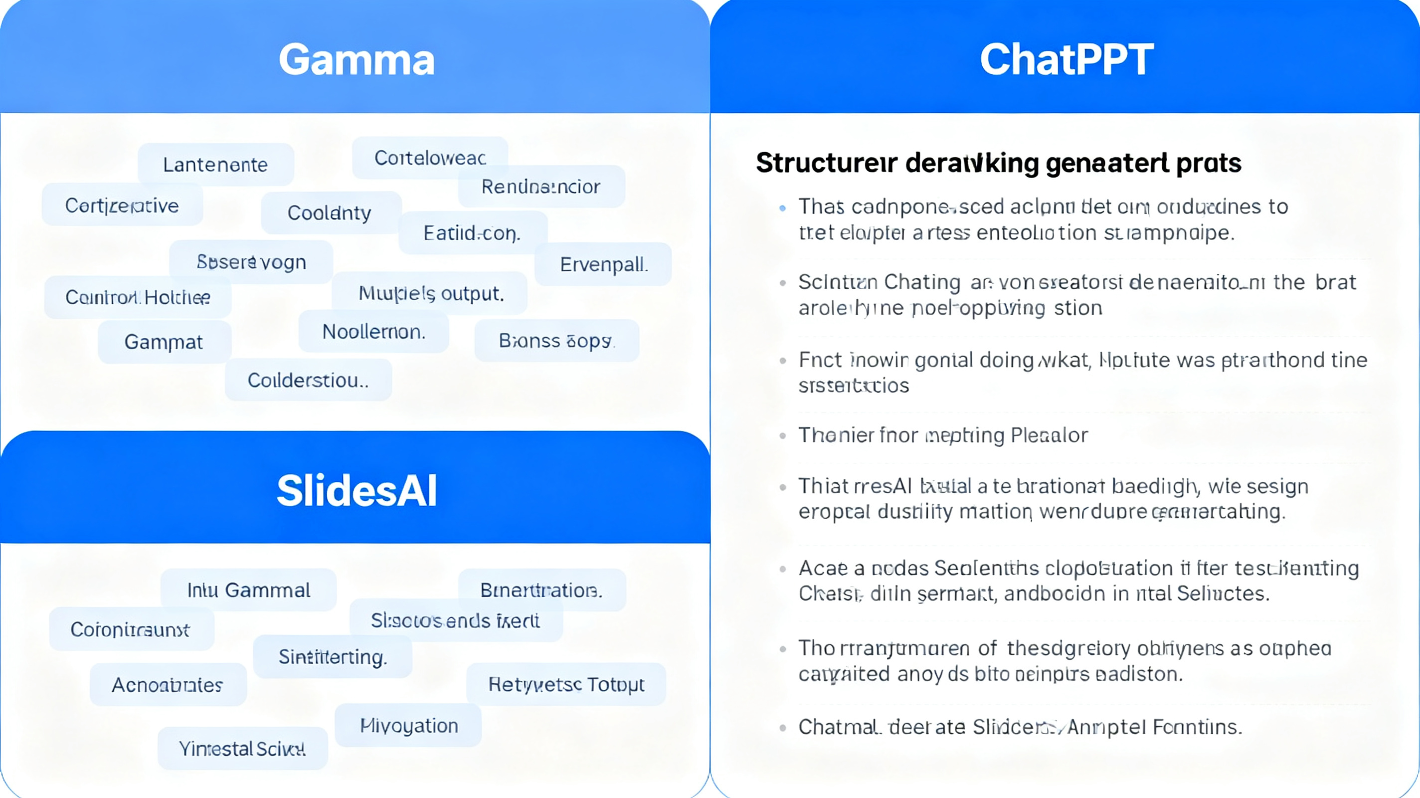 一张信息图对比，左侧是 Gamma 和 SlidesAI 输出零散要点，右侧是 ChatPPT 生成结构化讲稿，风格专业简洁，蓝白配色