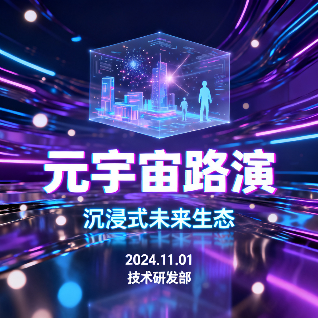 赛博朋克风格的元宇宙路演PPT，包含霓虹灯光和全息投影元素