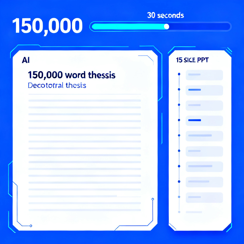 A futuristic interface showing a 150,000-word doctoral thesis being processed by an AI, with a progress bar at 30 seconds and a 15-slide PPT outline appearing on the right side. The style is minimalist, with blue and white color scheme, representing efficiency and accuracy.