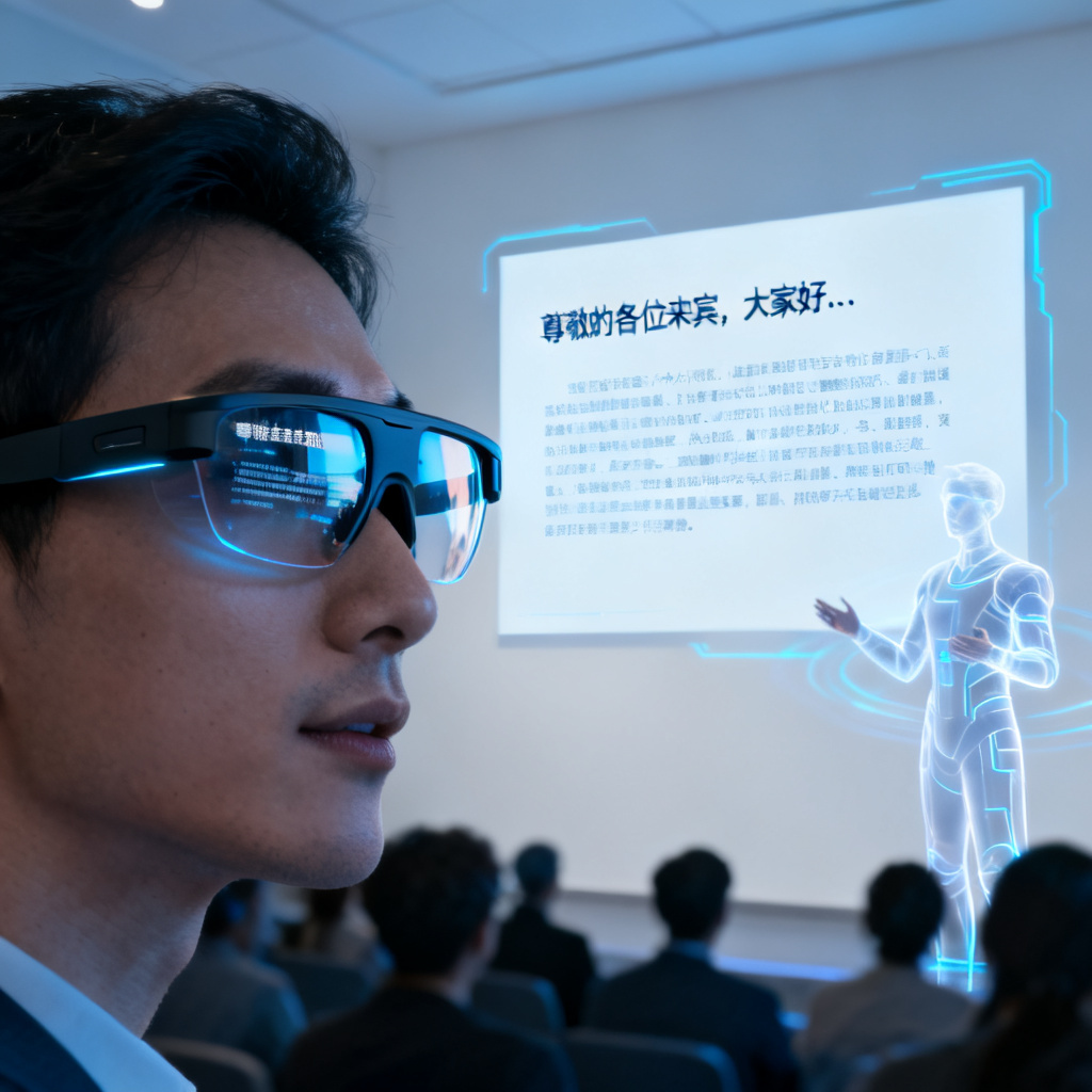 用户佩戴智能眼镜，眼镜中投射出演讲稿文字，同时幻灯片在墙上自动播放，数字化身正在讲解